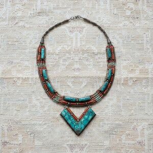 Vintage Nepalese Turquoise Coral Bib Necklace: Boho Statement Jewelry